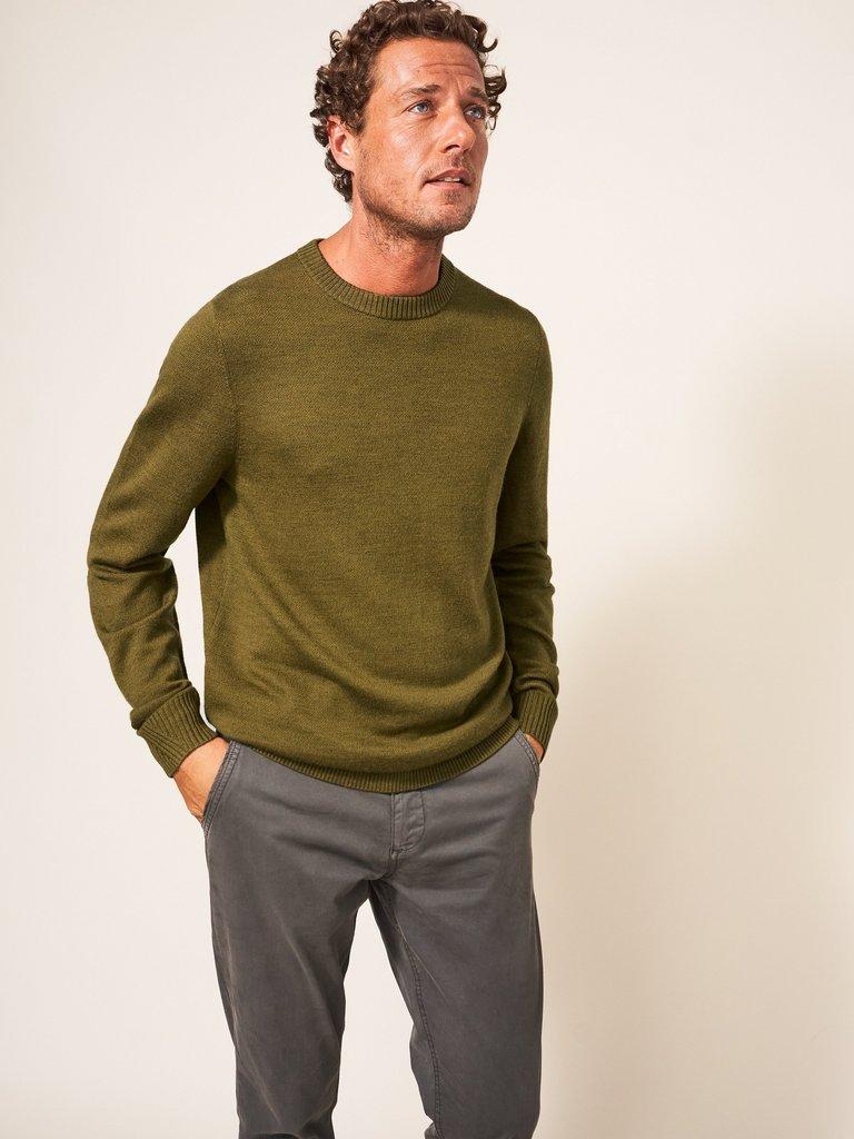 Newport Merino Crew in MID GREEN - MODEL FRONT