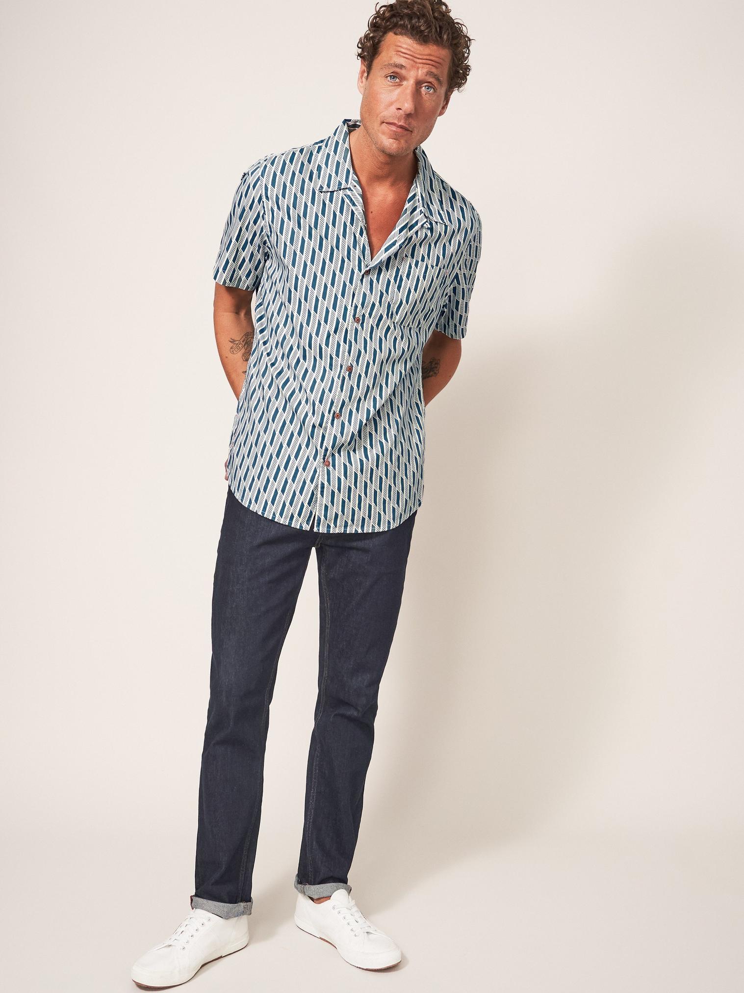 Dash Tile Printed Shirt in BLUE PR - MODEL FRONT