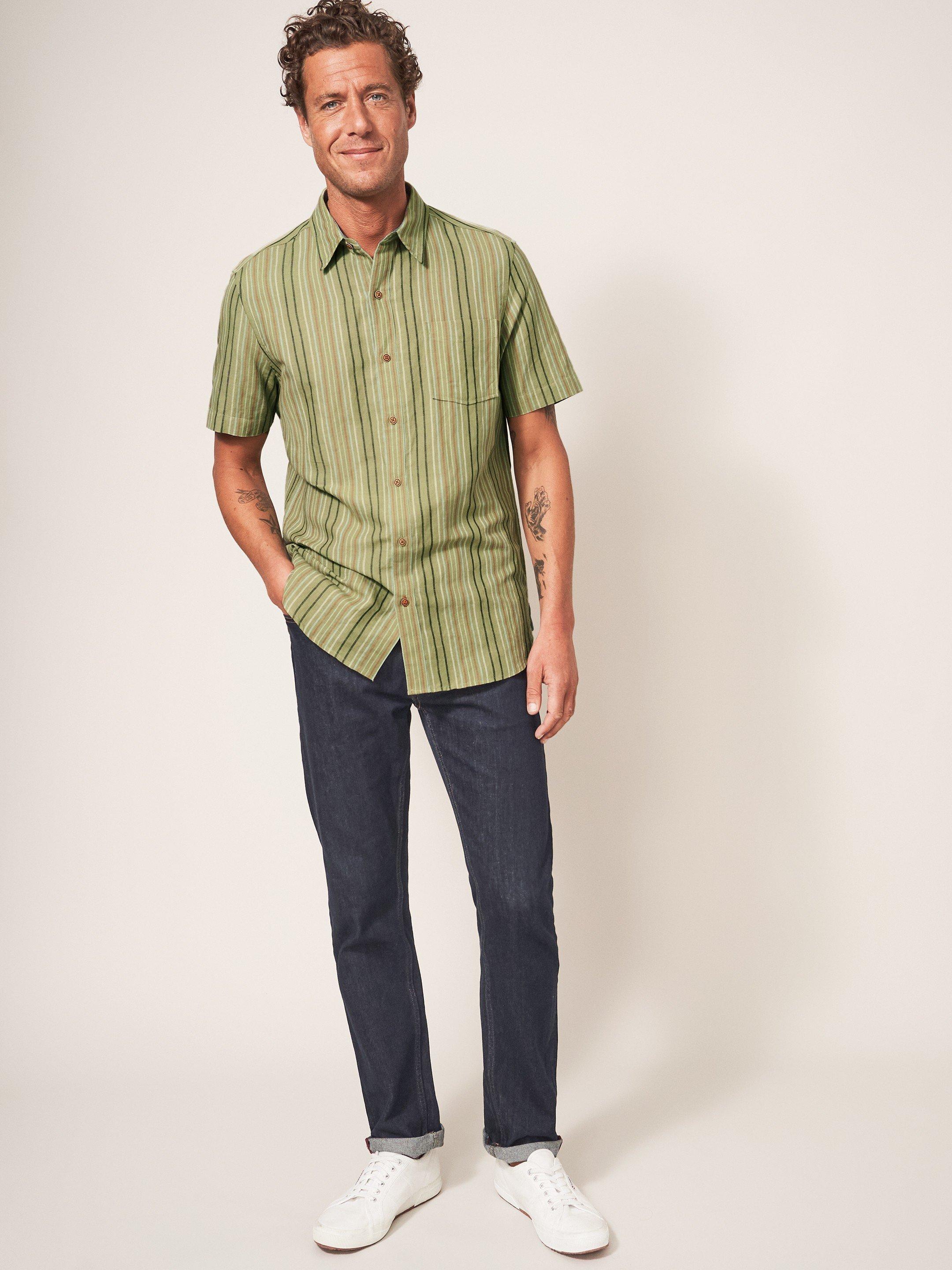 Multi Stripe Shirt in DUS GREEN - MODEL FRONT