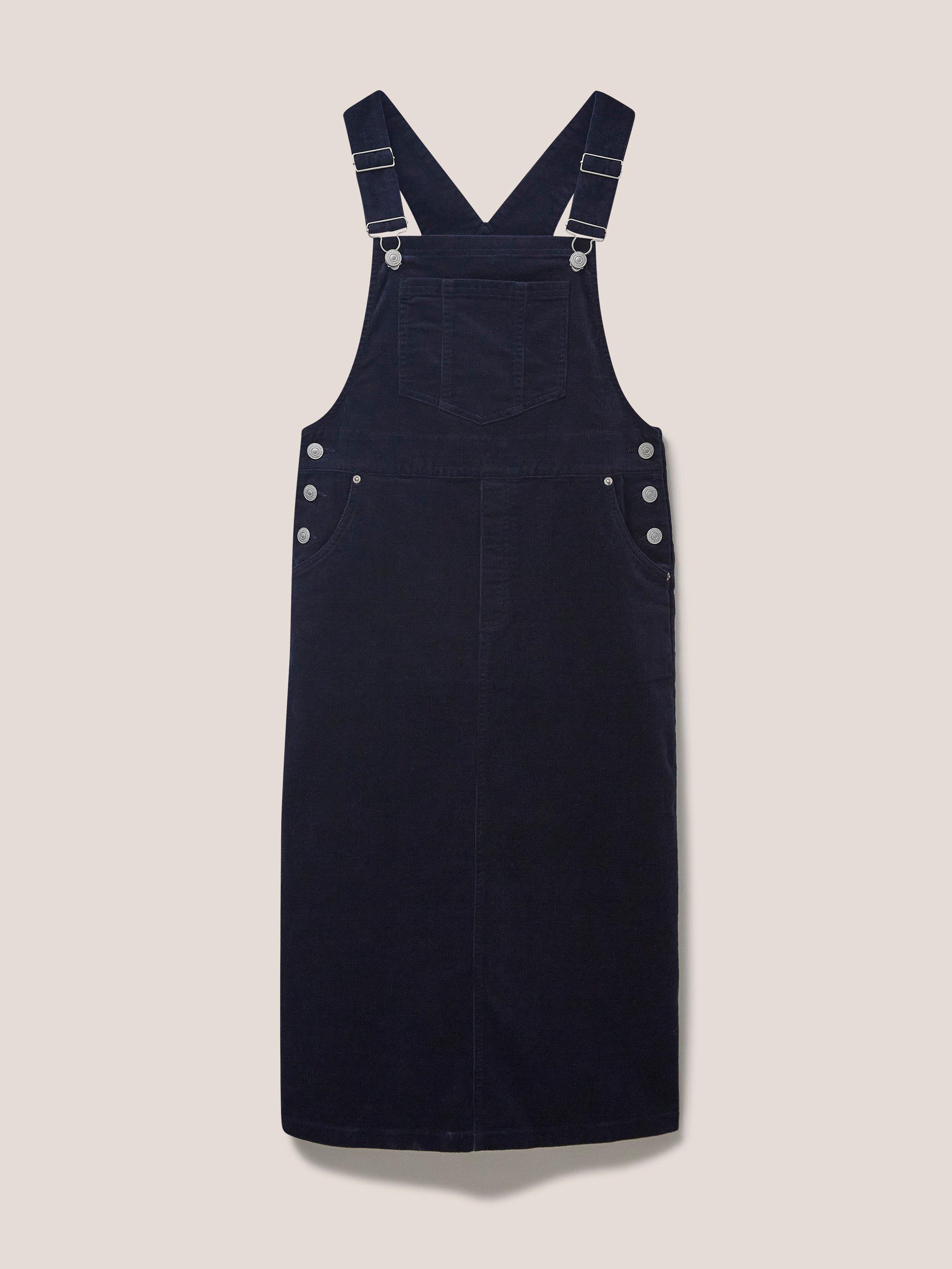 Emmie Organic Cord Midi Pinafore in DARK NAVY - FLAT FRONT