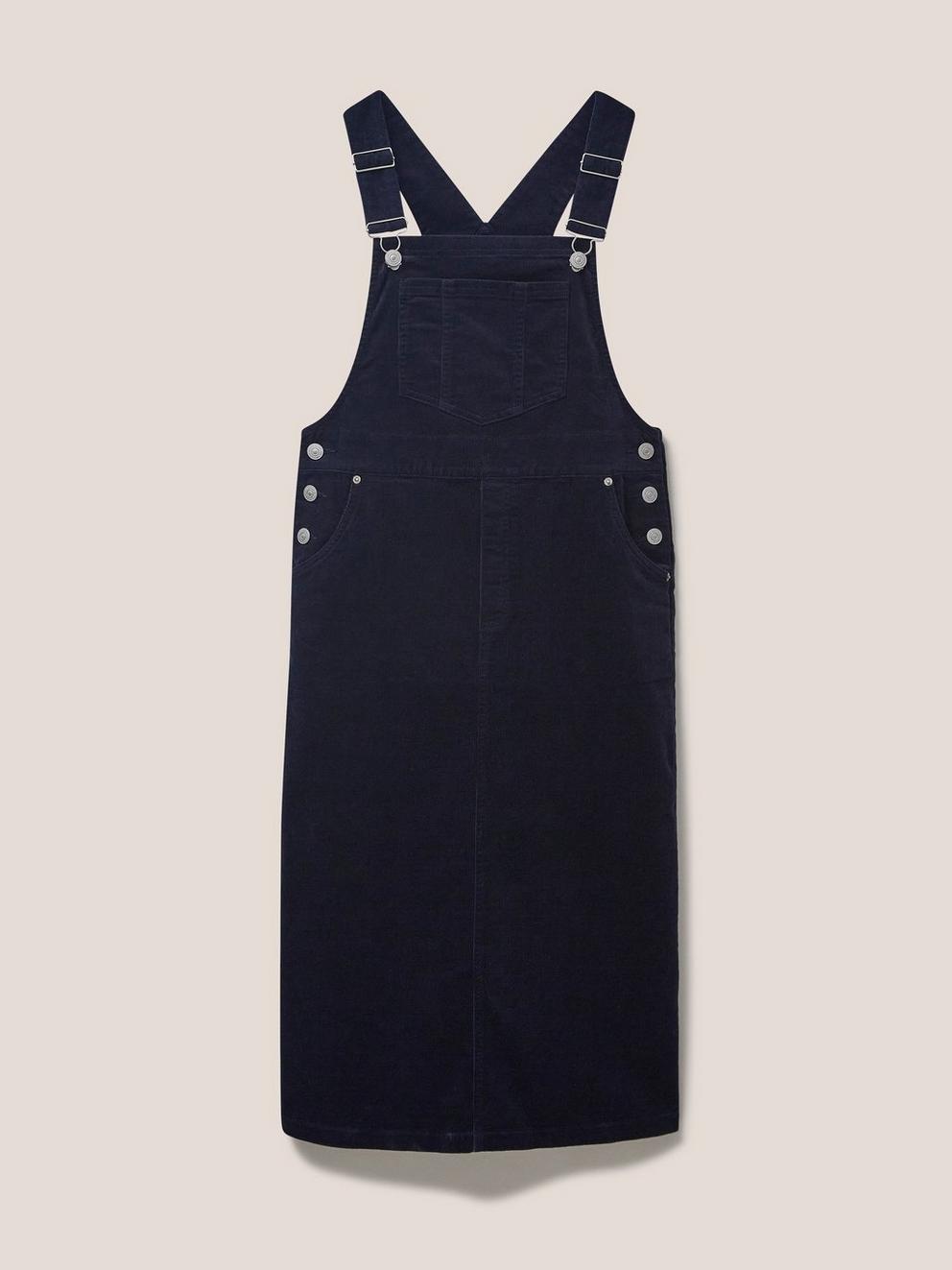 Emmie Organic Cord Midi Pinafore in DARK NAVY - FLAT FRONT