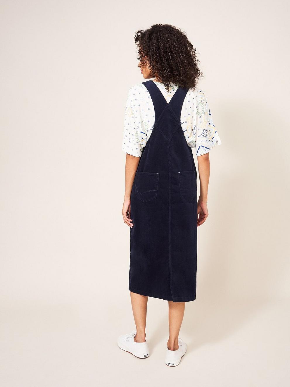 Emmie Organic Cord Midi Pinafore in DARK NAVY - MODEL BACK