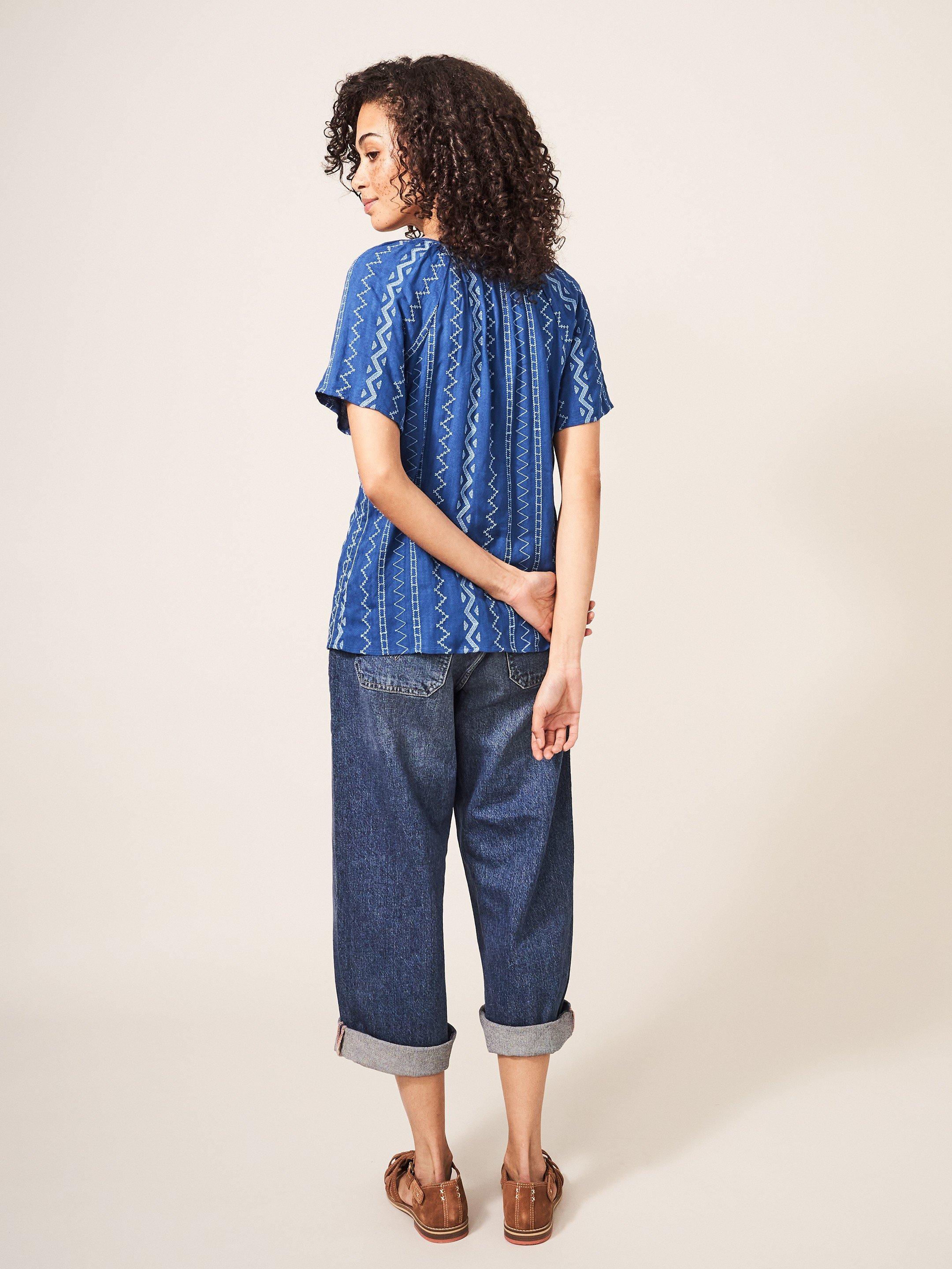 Aida Embroidered Top in BLUE MLT - MODEL BACK