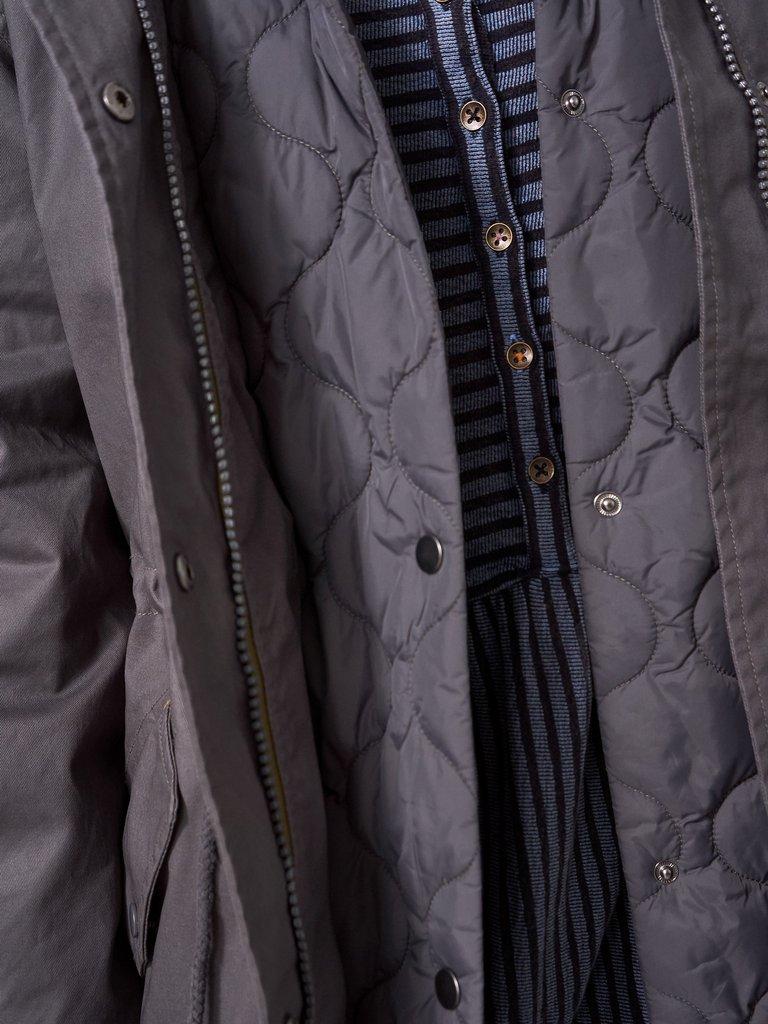 Riley Coated Cotton Parka in CHARC GREY - MODEL DETAIL