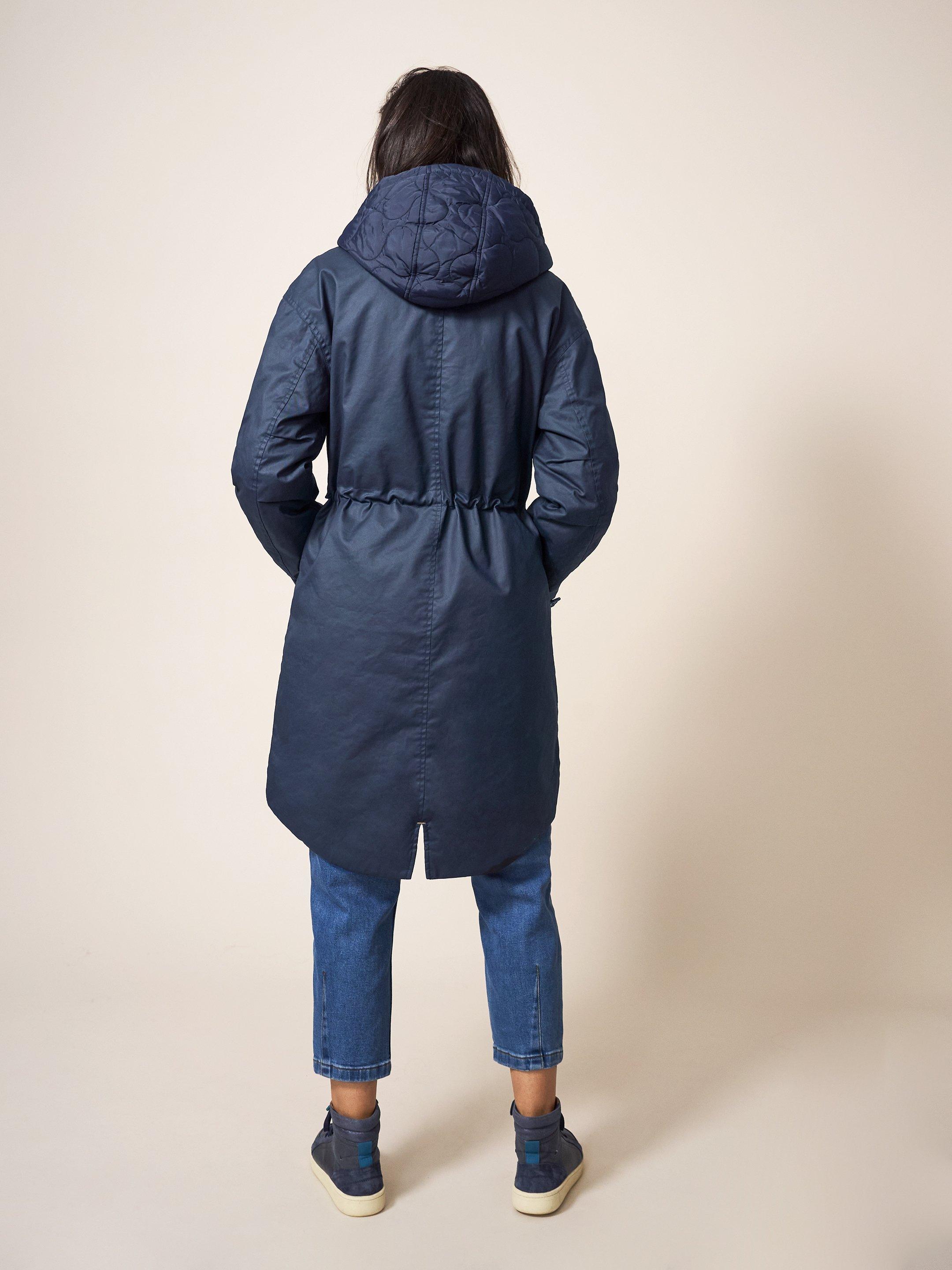 Riley Coated Cotton Parka in DARK NAVY - MODEL BACK