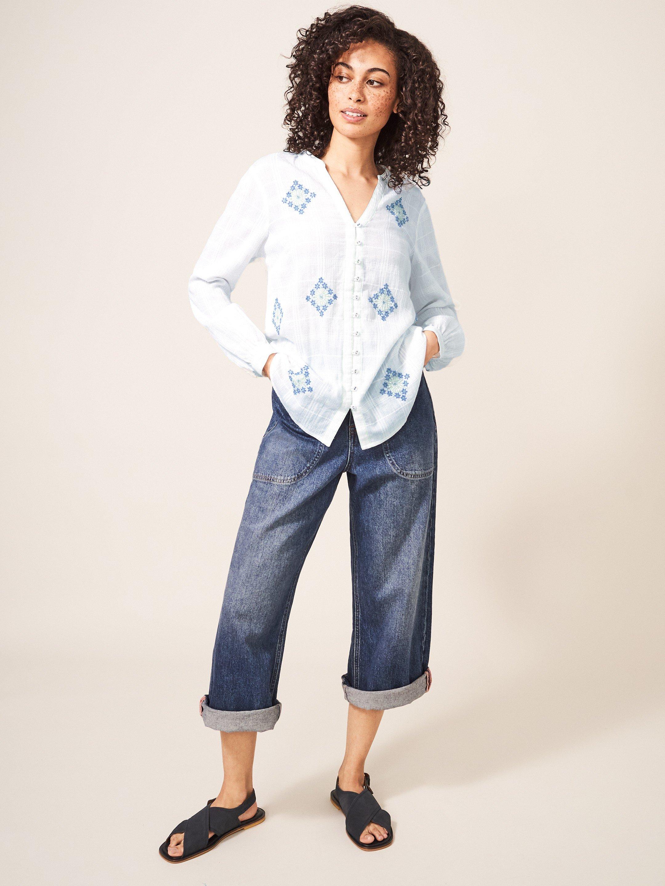 Kate Embroidered Shirt in WHITE MLT - MODEL FRONT