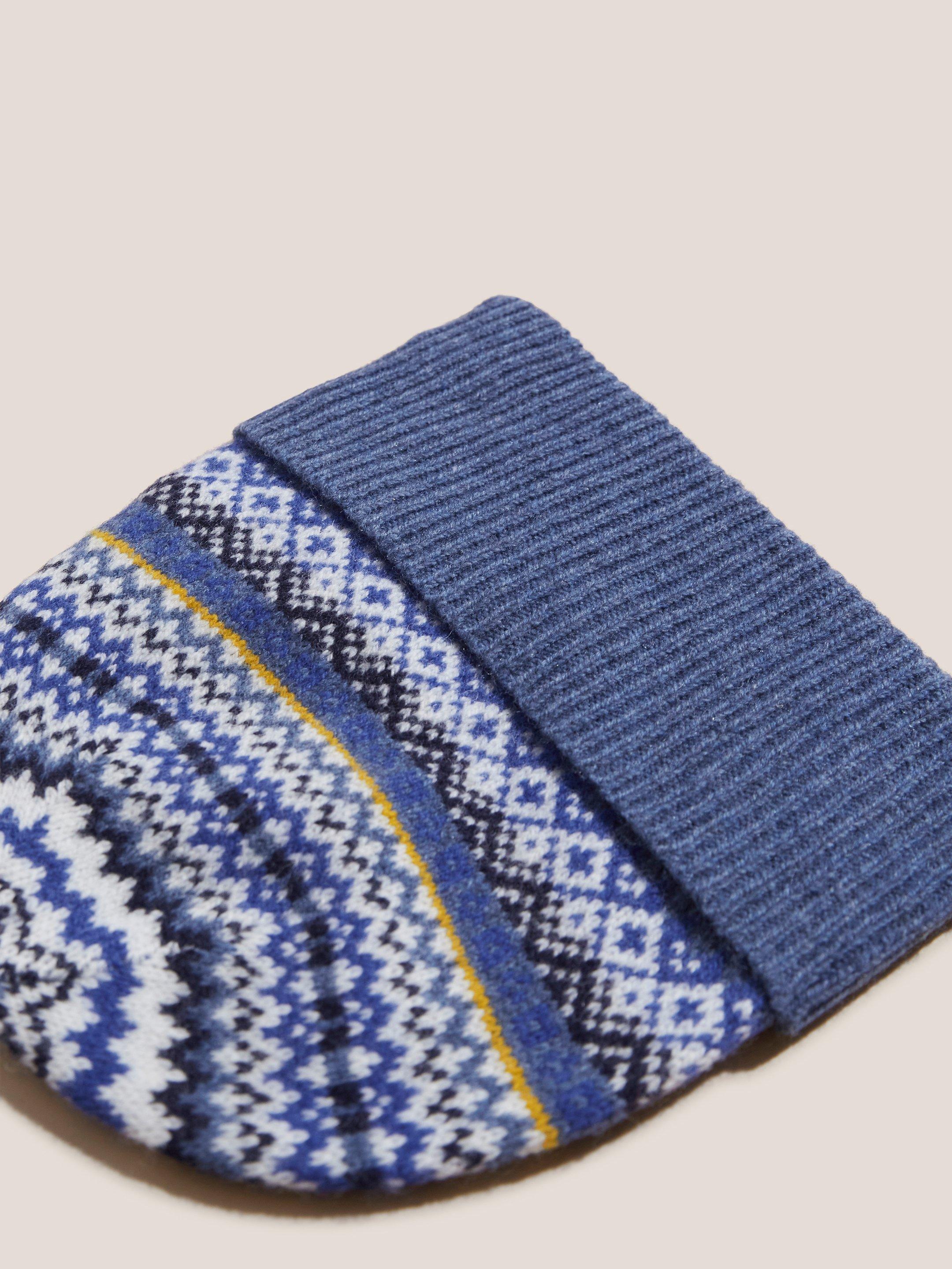Mixed Fairisle Knitted Beanie in BLUE MLT - FLAT BACK