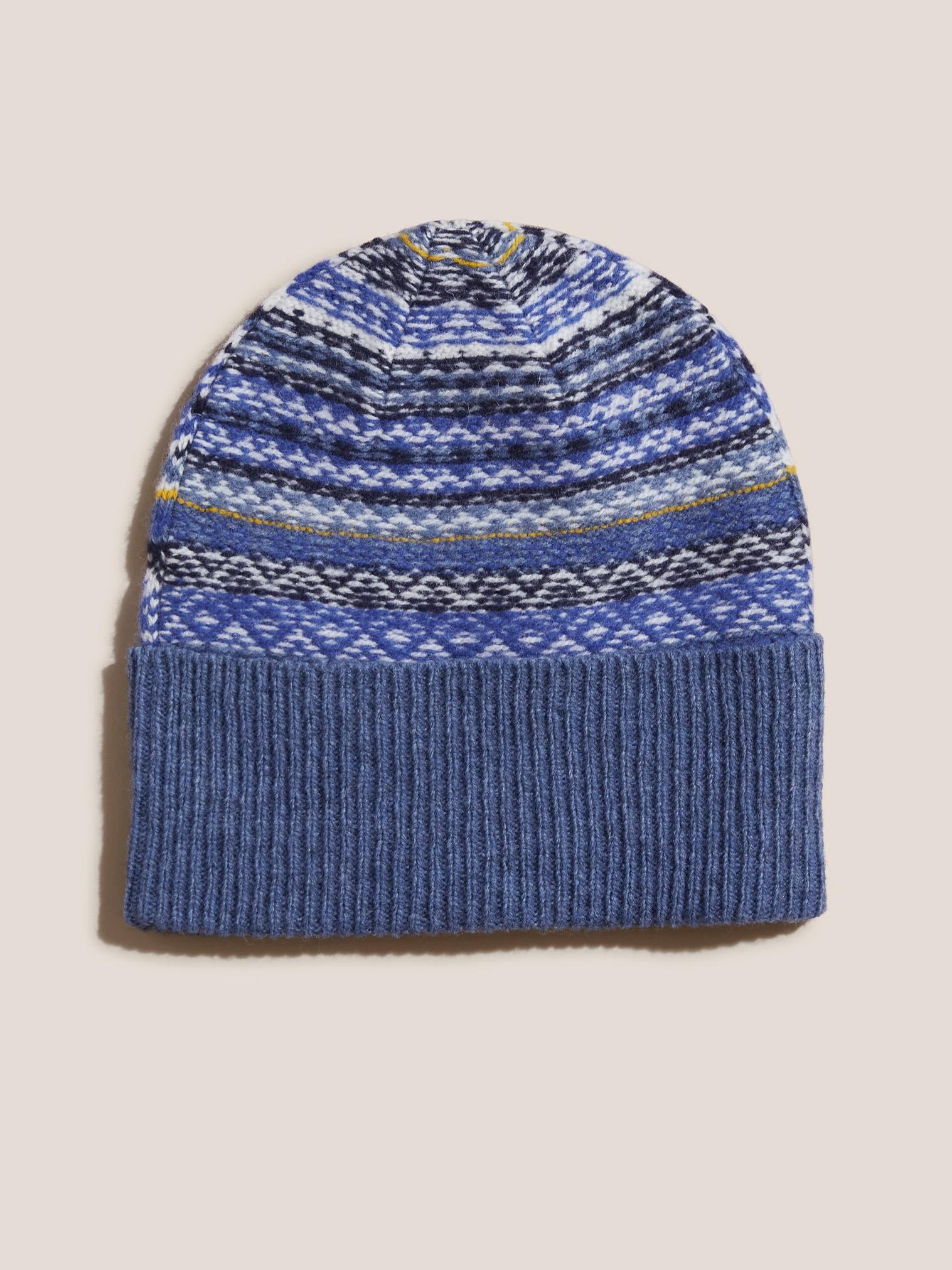 Mixed Fairisle Knitted Beanie in BLUE MLT - FLAT FRONT