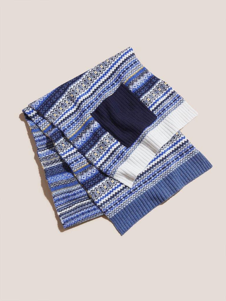 Mixed Fairisle Knitted Scarf in BLUE MLT - FLAT BACK