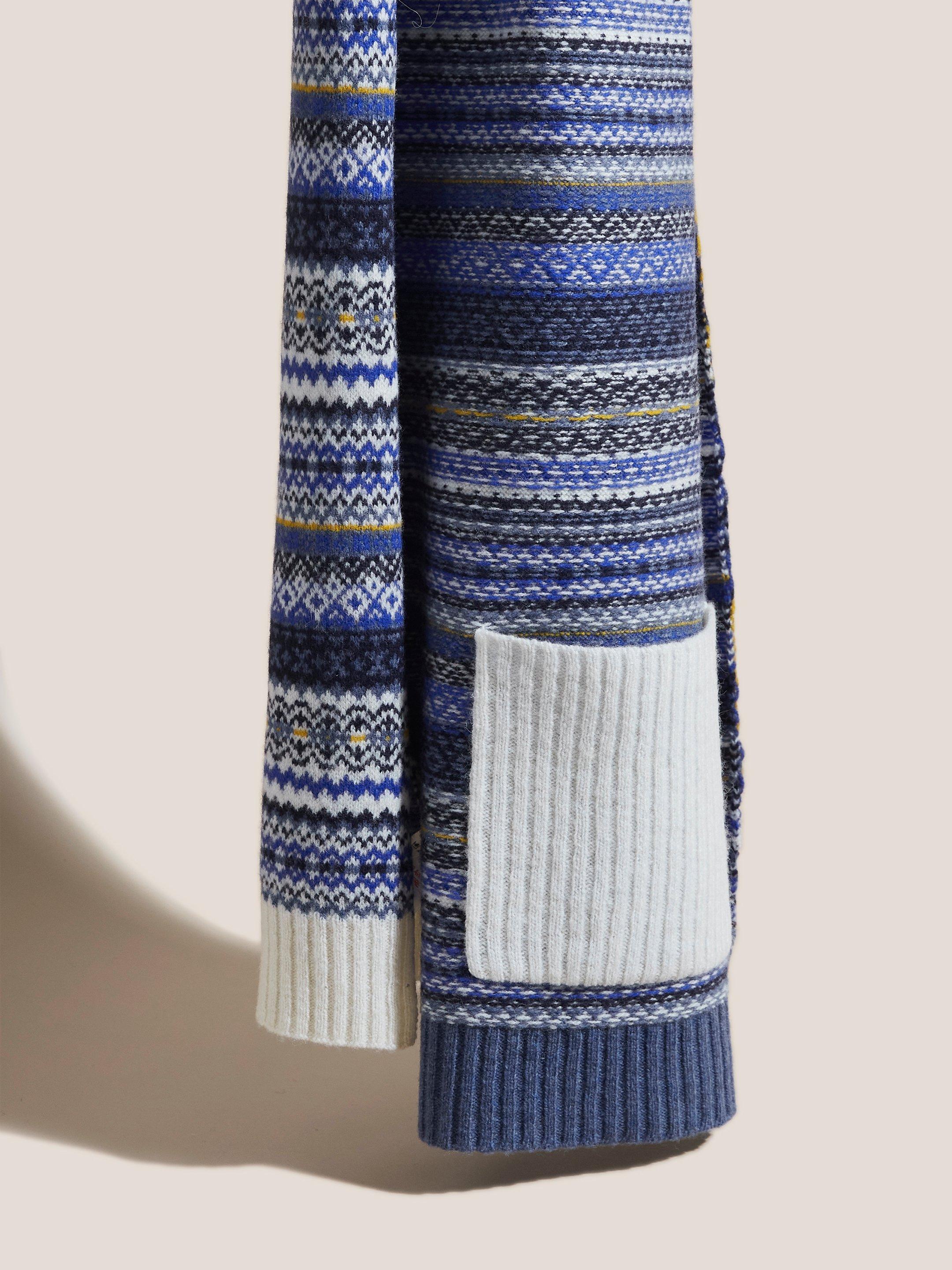 Mixed Fairisle Knitted Scarf in BLUE MLT - FLAT FRONT