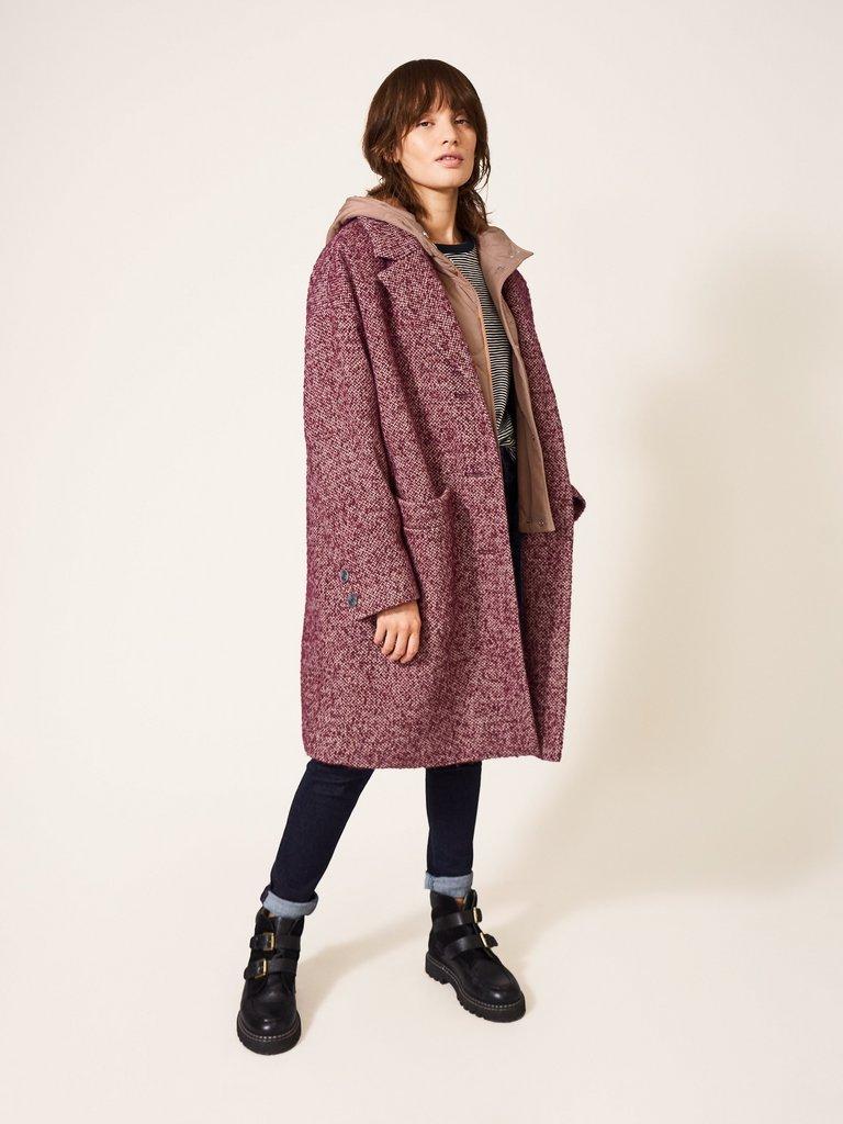 Izzy Tweed Coat in PLUM MLT - MODEL BACK