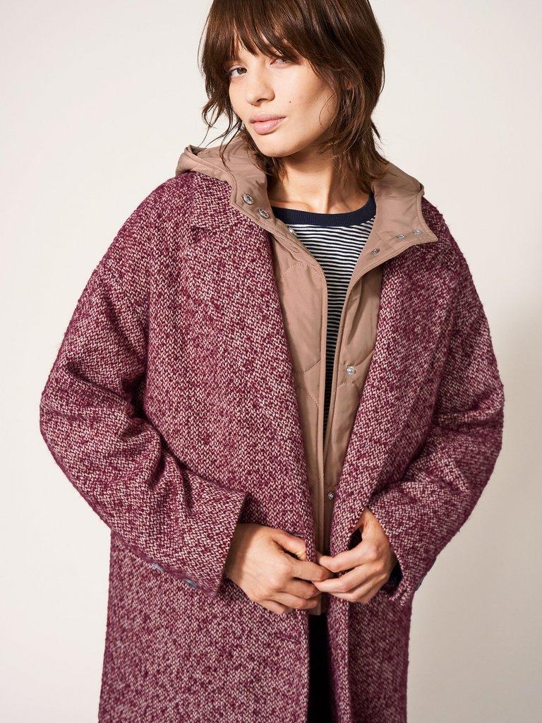 Izzy Tweed Coat in PLUM MLT - MODEL FRONT