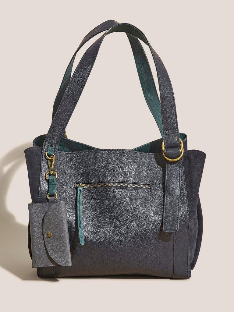 Hannah Leather Tote Bag in DARK NAVY - MODEL FRONT