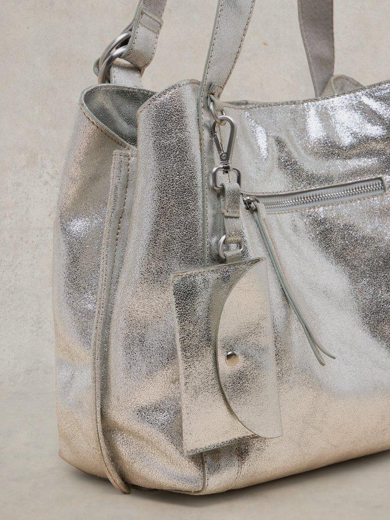 Hannah Leather Tote Bag in SLV TN MET - FLAT DETAIL
