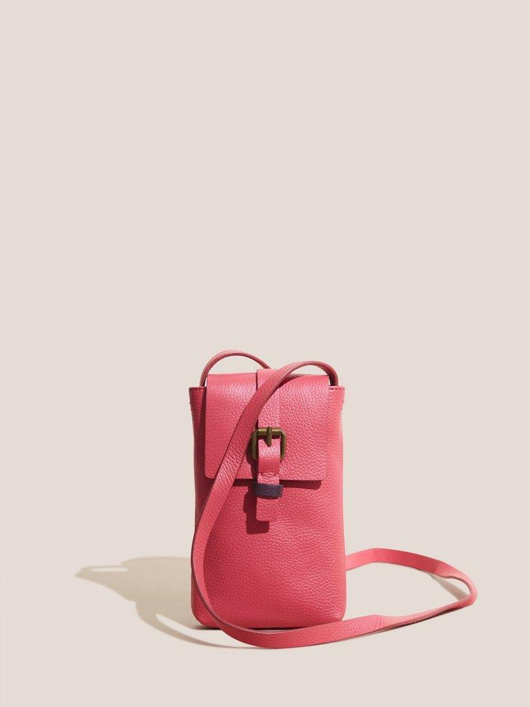 Clara Buckle Phone Bag in BRT PINK - MODEL FRONT