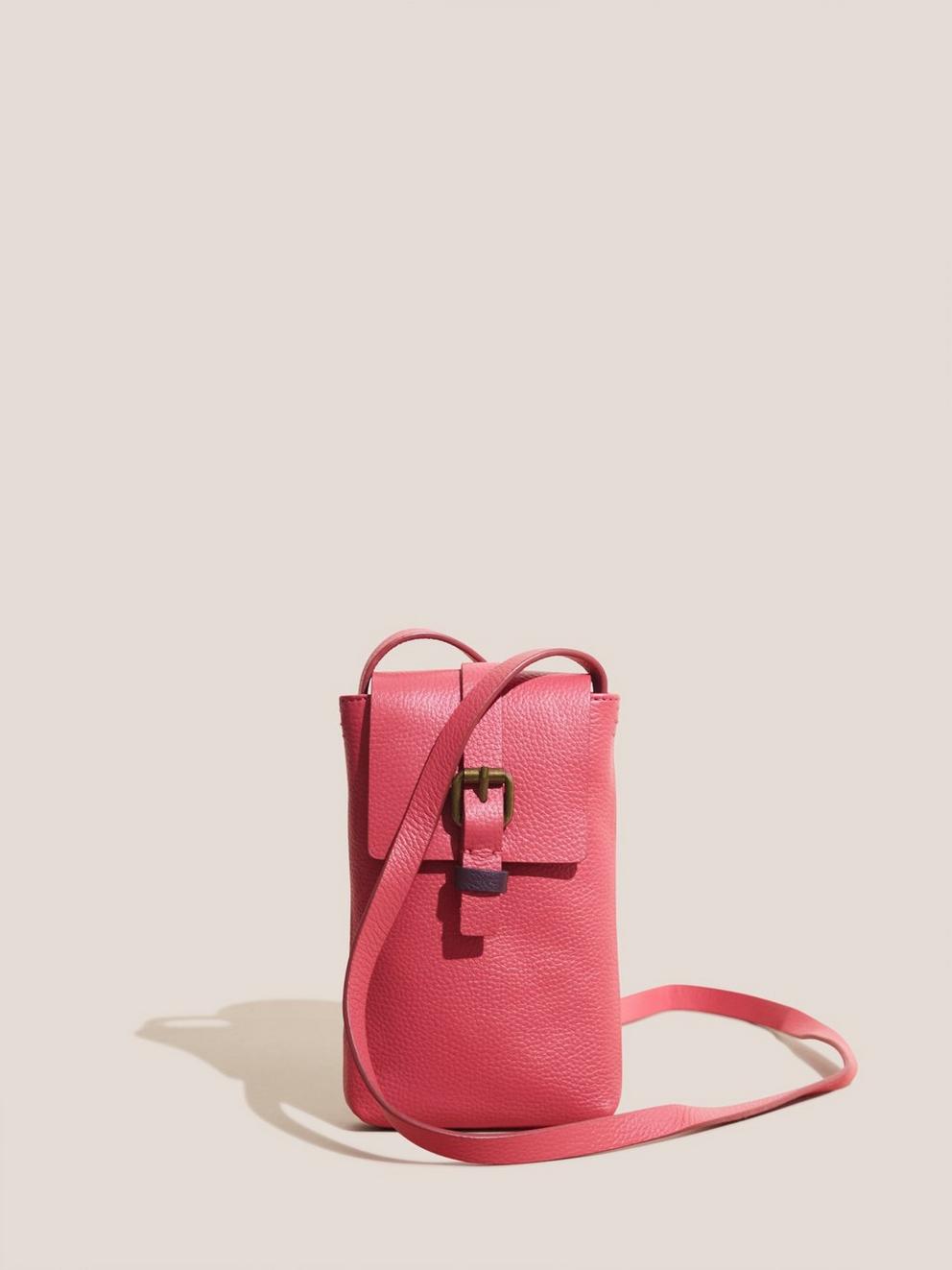 Clara Buckle Phone Bag in BRT PINK - MODEL FRONT