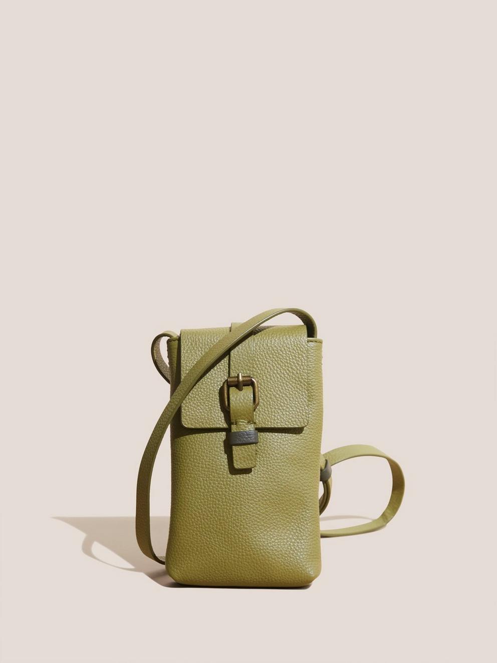 Clara Buckle Phone Bag in DUS GREEN - MODEL FRONT