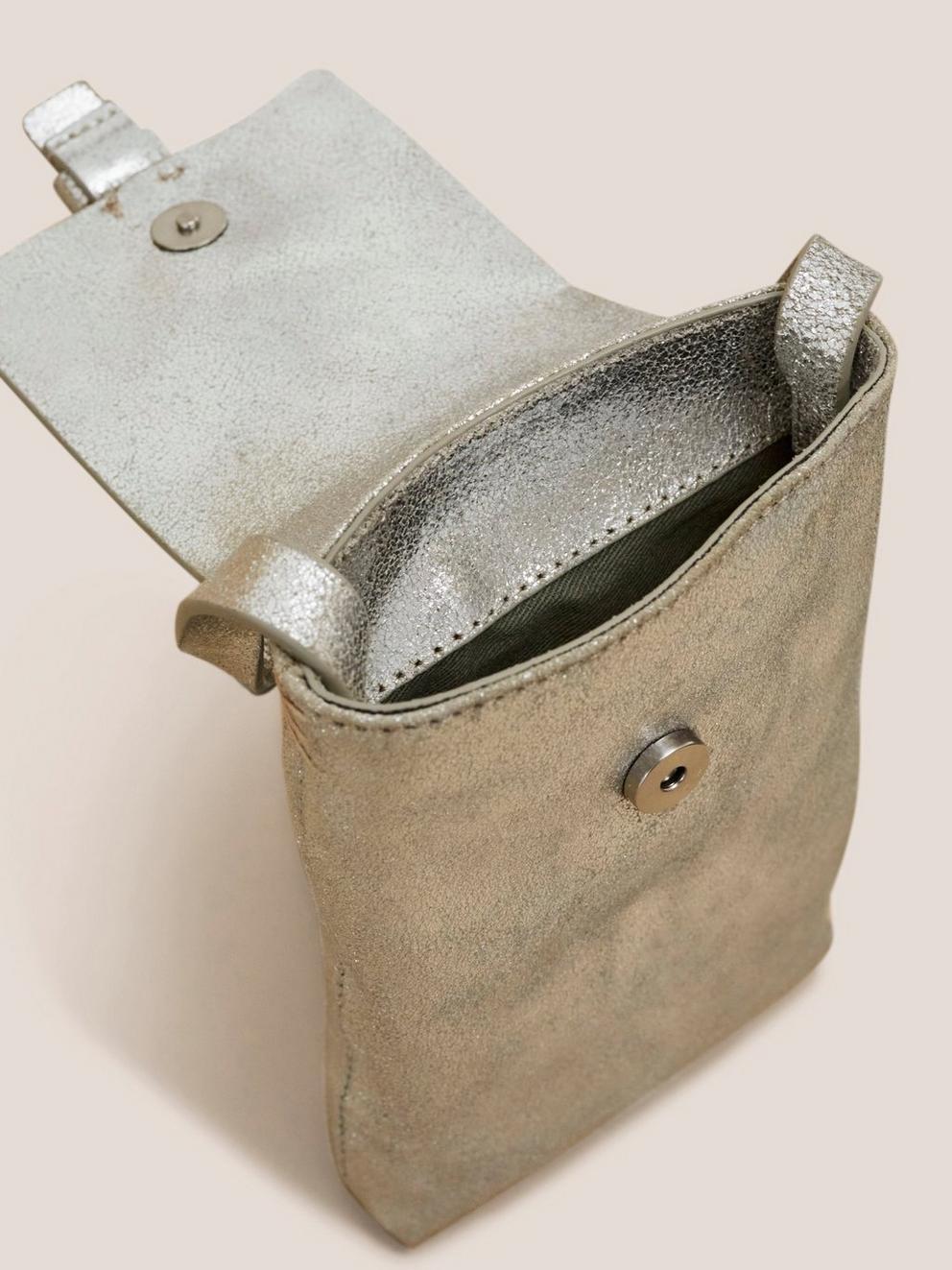 Clara Buckle Phone Bag in PEWTER MET - FLAT DETAIL