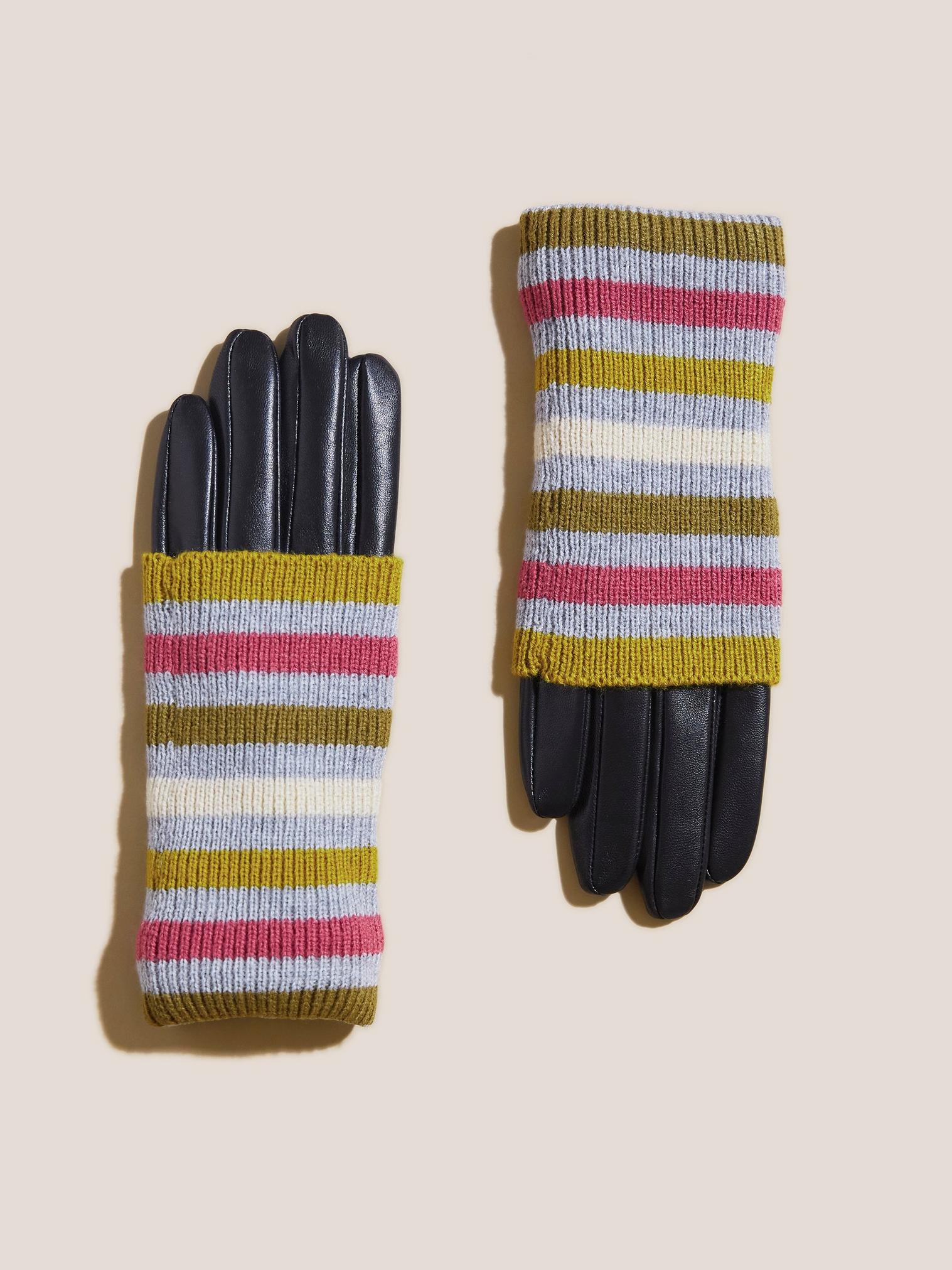 Knitted Cuff Leather Gloves in GREY MLT - FLAT FRONT