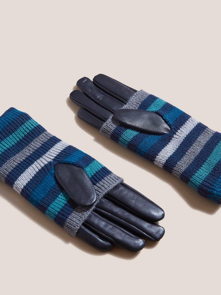 Knitted Cuff Leather Gloves in NAVY MULTI - FLAT BACK