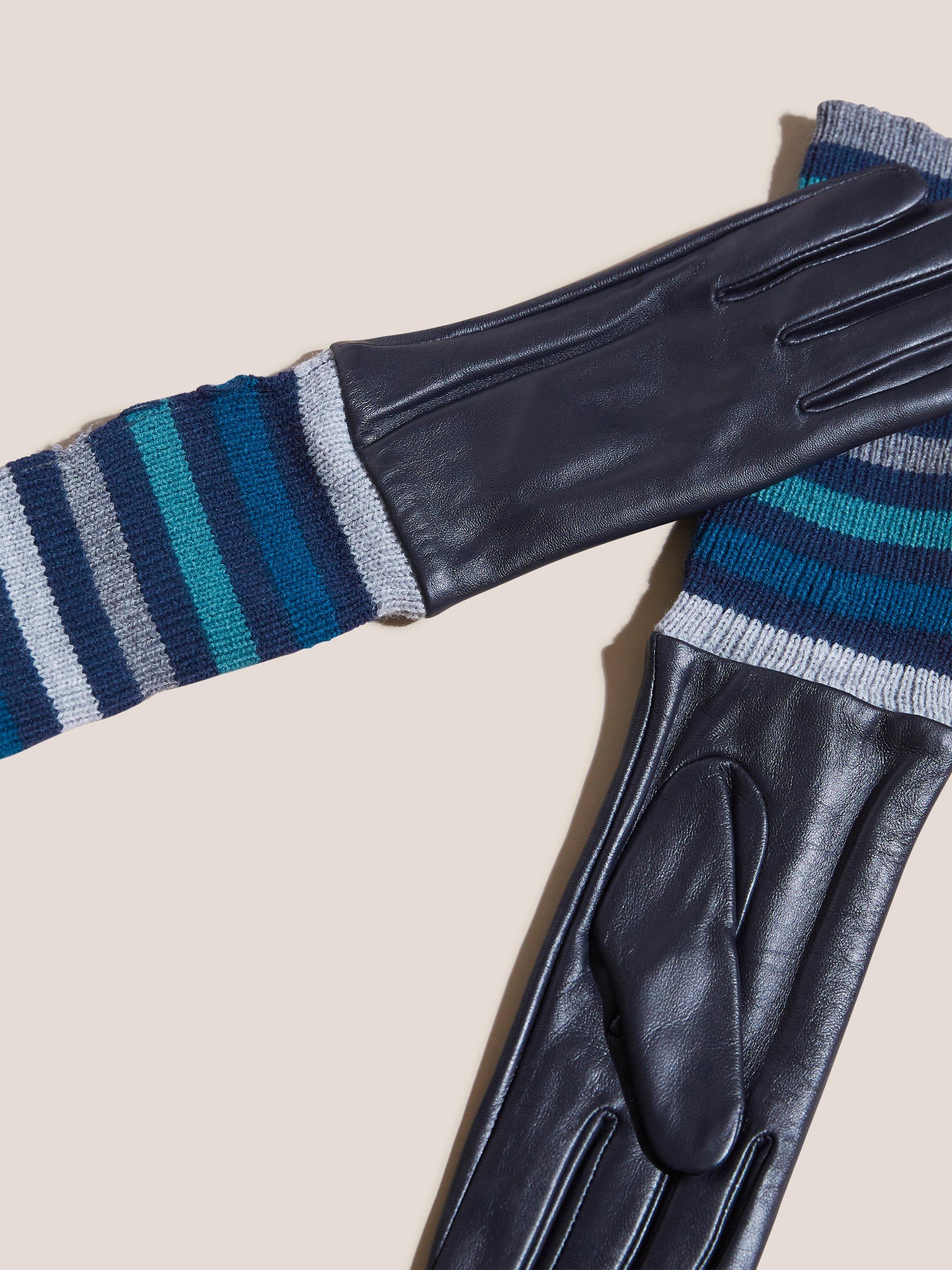 Knitted Cuff Leather Gloves in NAVY MULTI - FLAT DETAIL