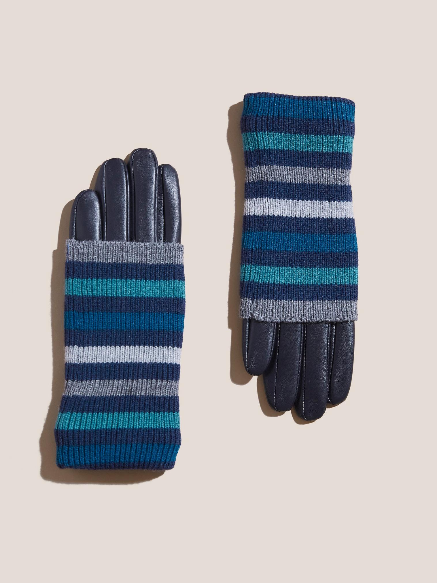 Knitted Cuff Leather Gloves in NAVY MULTI - FLAT FRONT