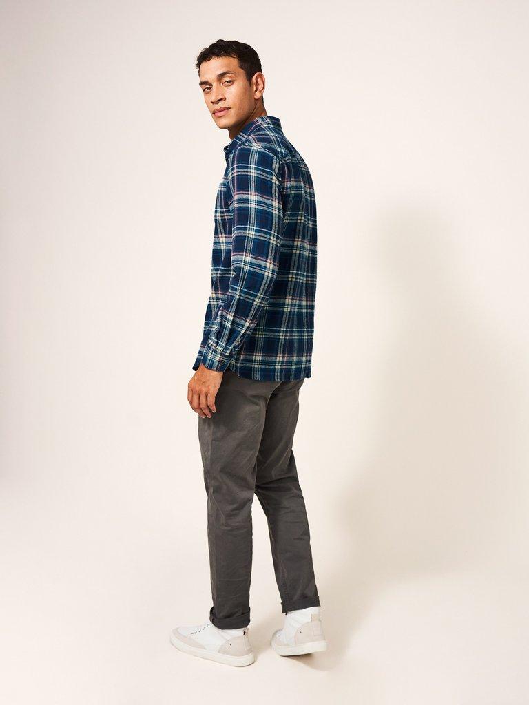 Moxley Flannel Check Shirt in DARK NAVY - MODEL BACK