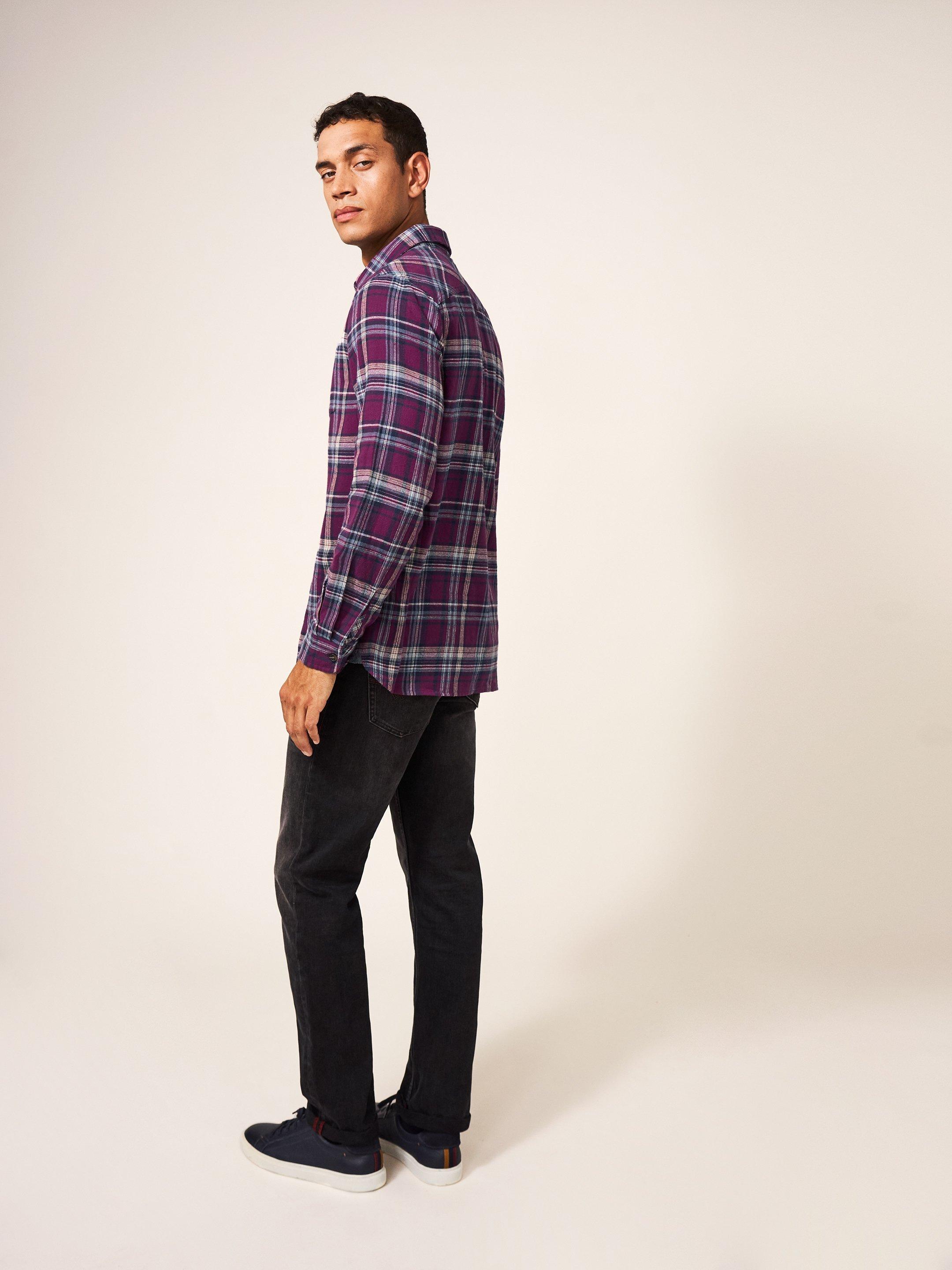 Moxley Flannel Check Shirt in MID PLUM - MODEL BACK