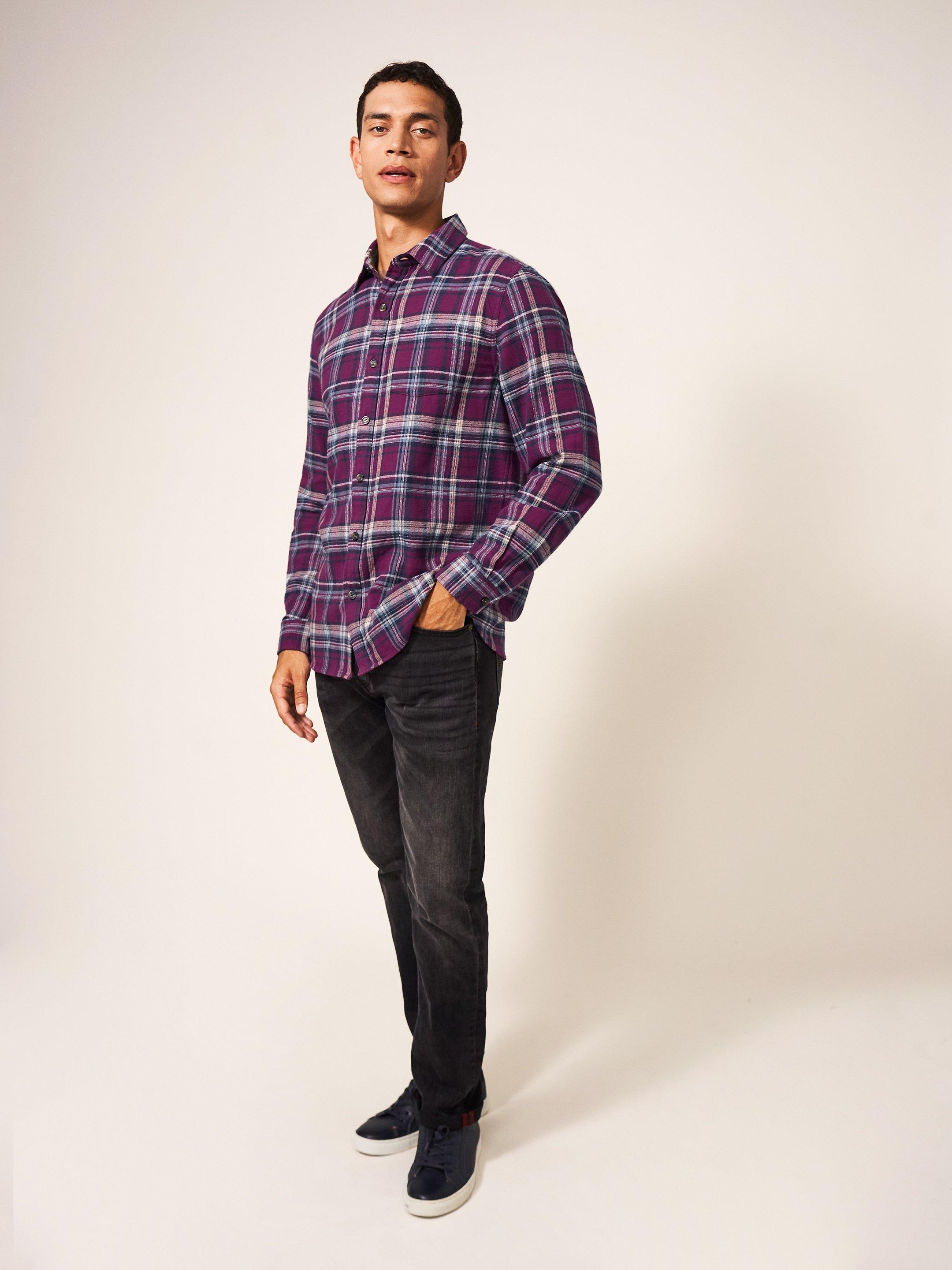 Moxley Flannel Check Shirt in MID PLUM - MODEL FRONT