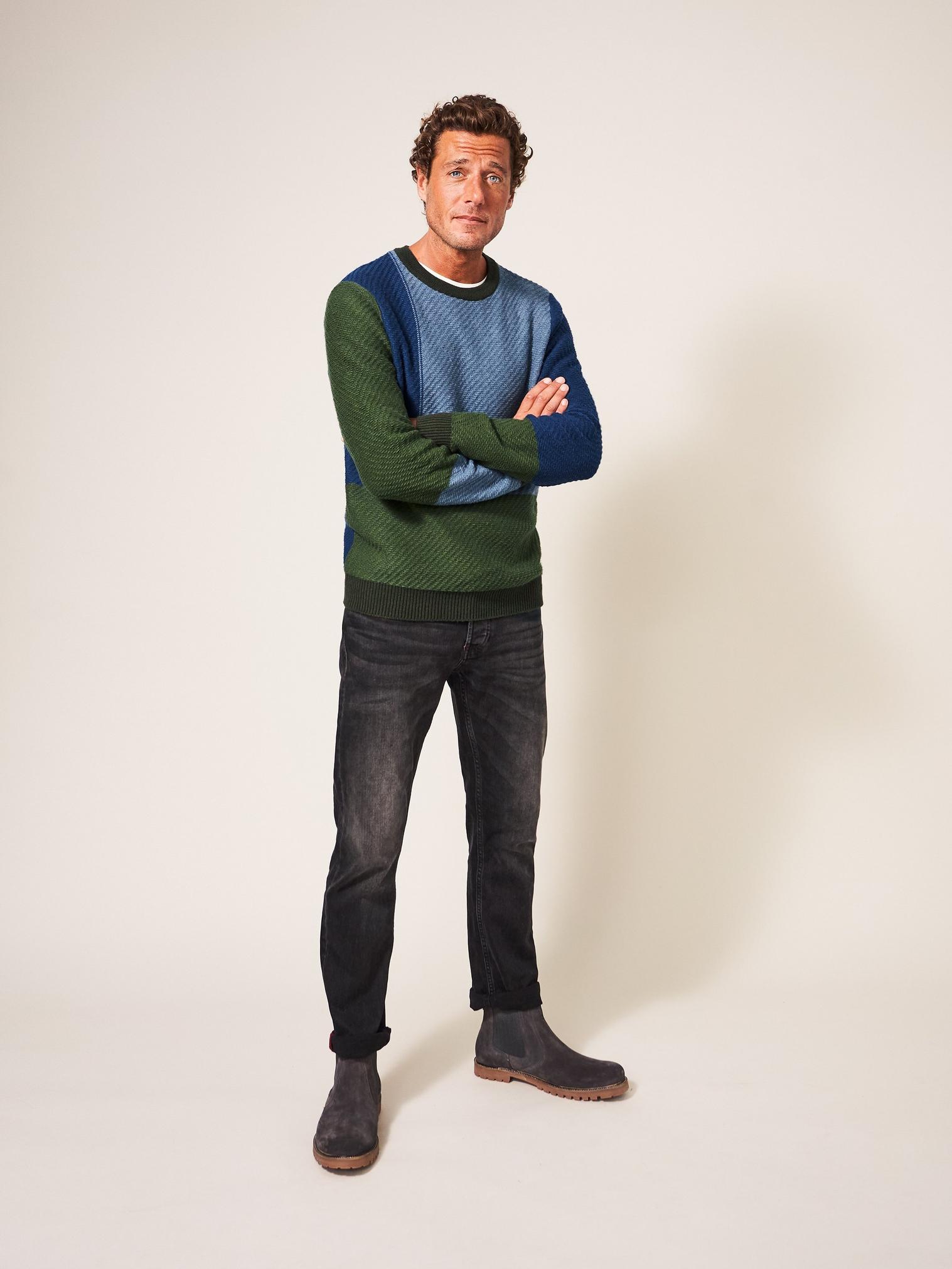 Lewis Nep Colour Block Jumper in MID TEAL - LIFESTYLE