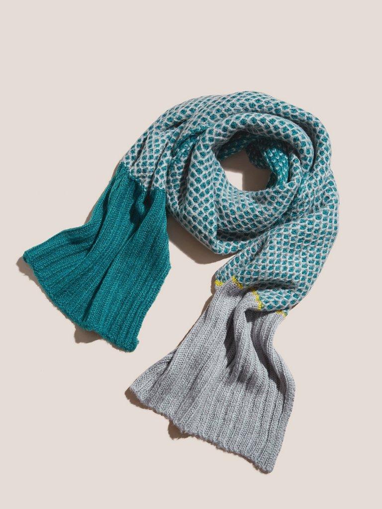 Honeycomb Knitted Scarf in TEAL MLT - FLAT FRONT