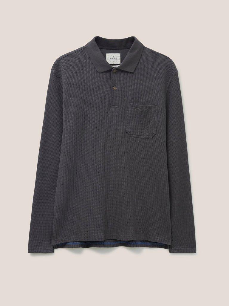 Grantham Long Sleeve Waffle Polo in WASHED BLK - FLAT FRONT