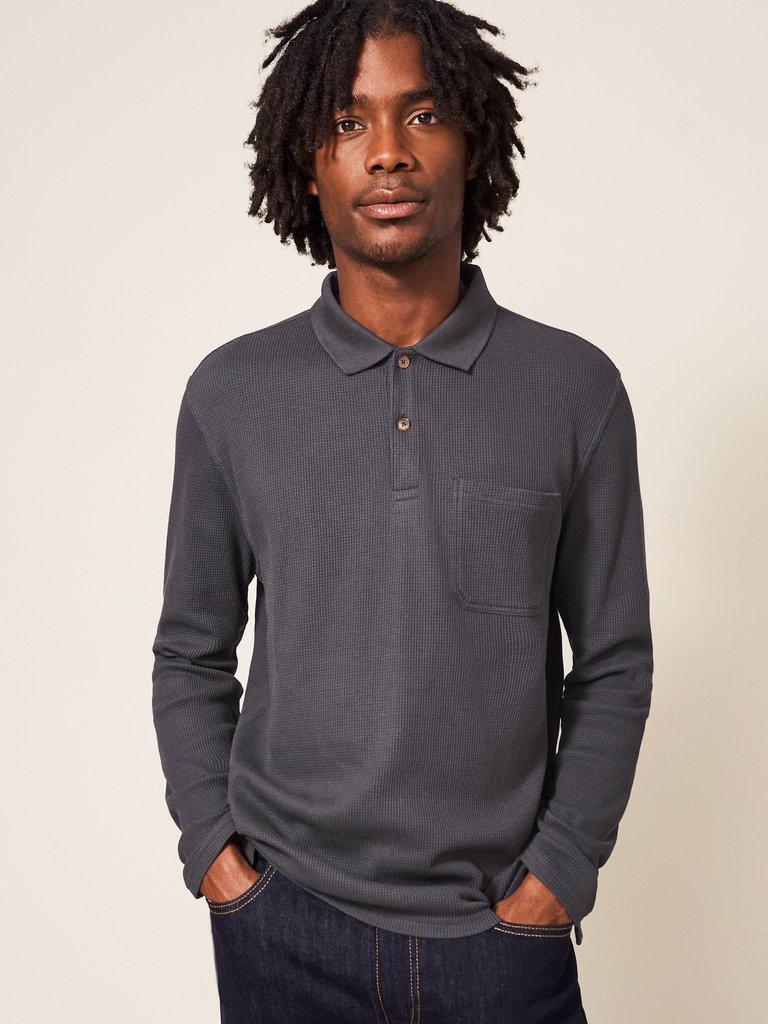 Grantham Long Sleeve Waffle Polo in WASHED BLACK White Stuff