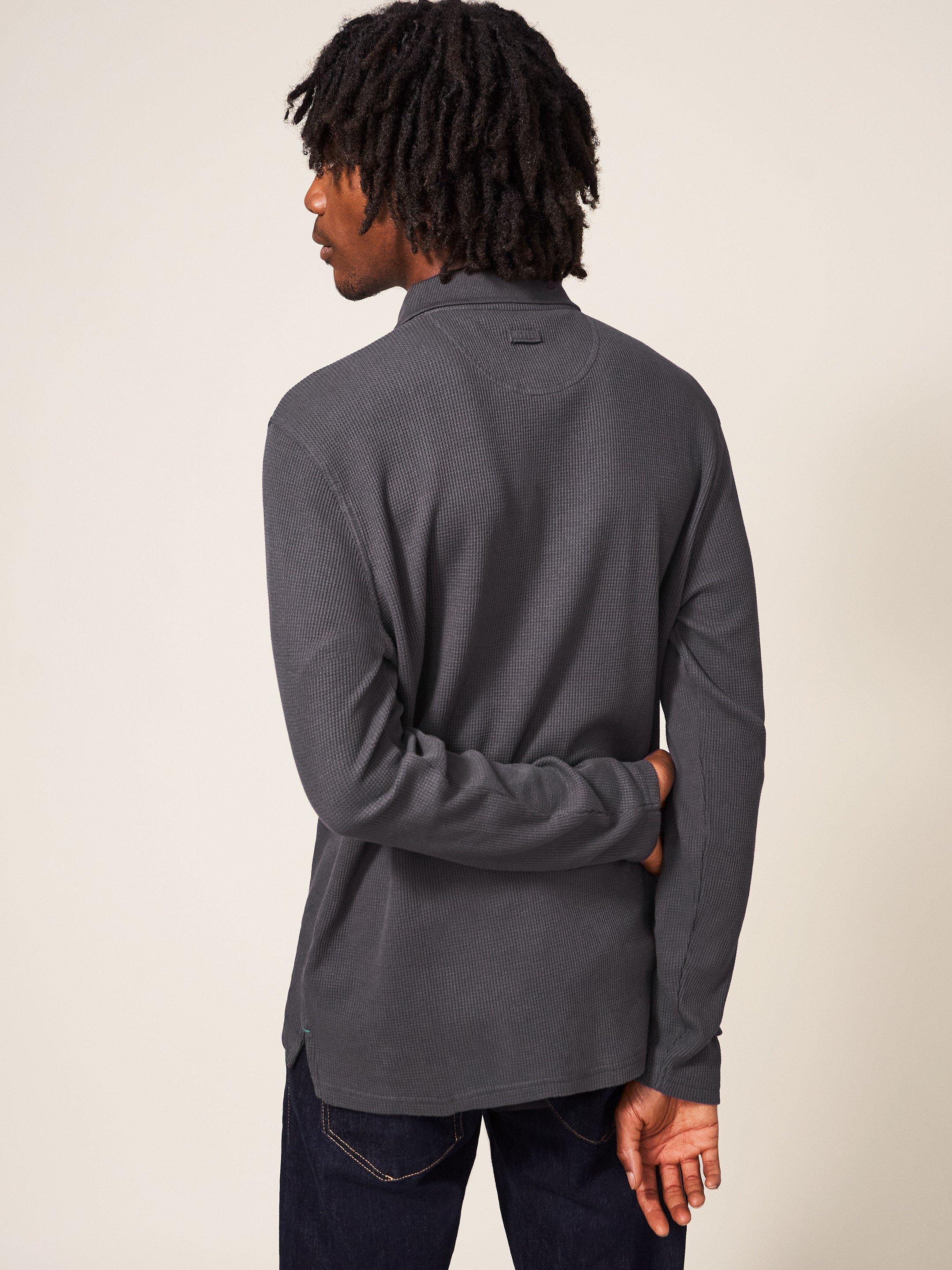 Grantham Long Sleeve Waffle Polo in WASHED BLK - MODEL BACK
