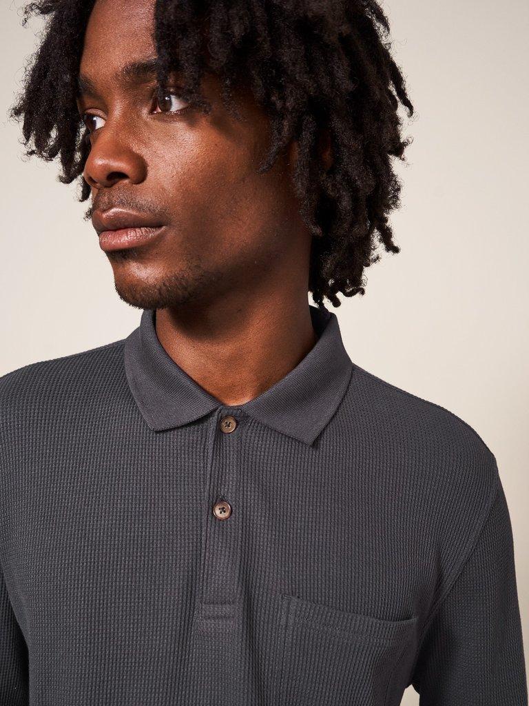 Grantham Long Sleeve Waffle Polo in WASHED BLK - MODEL DETAIL