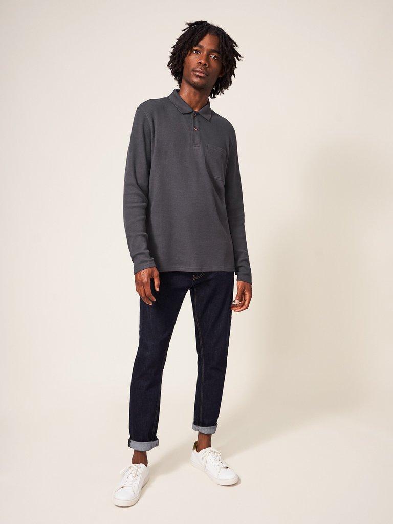 Grantham Long Sleeve Waffle Polo in WASHED BLK - MODEL FRONT