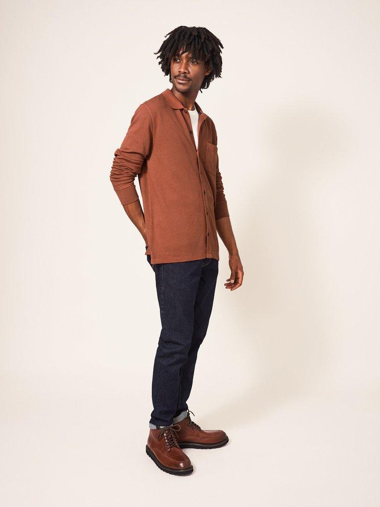 Westbank Button Through Polo in DEEP BROWN - MODEL FRONT