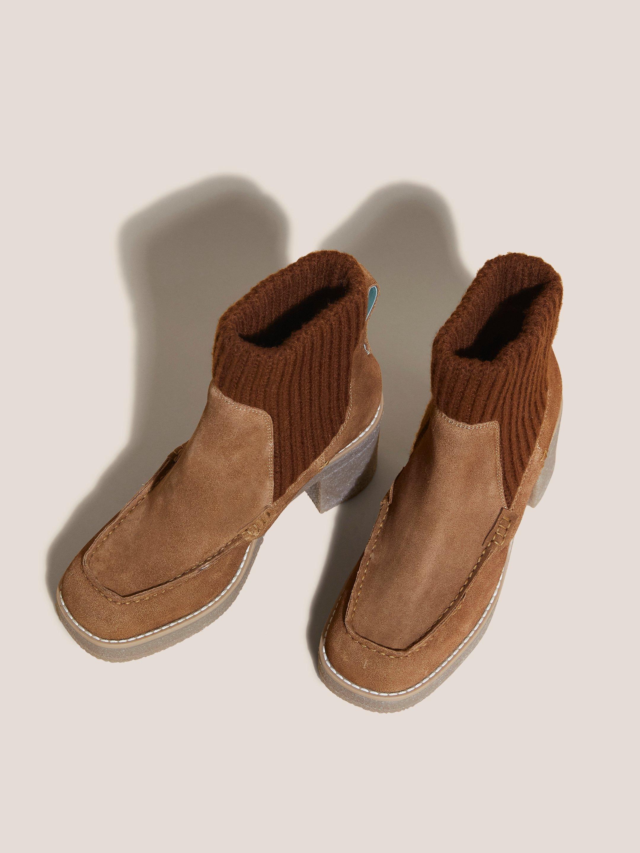 Knitted Suede Heeled Boot in TAN MULTI - FLAT DETAIL