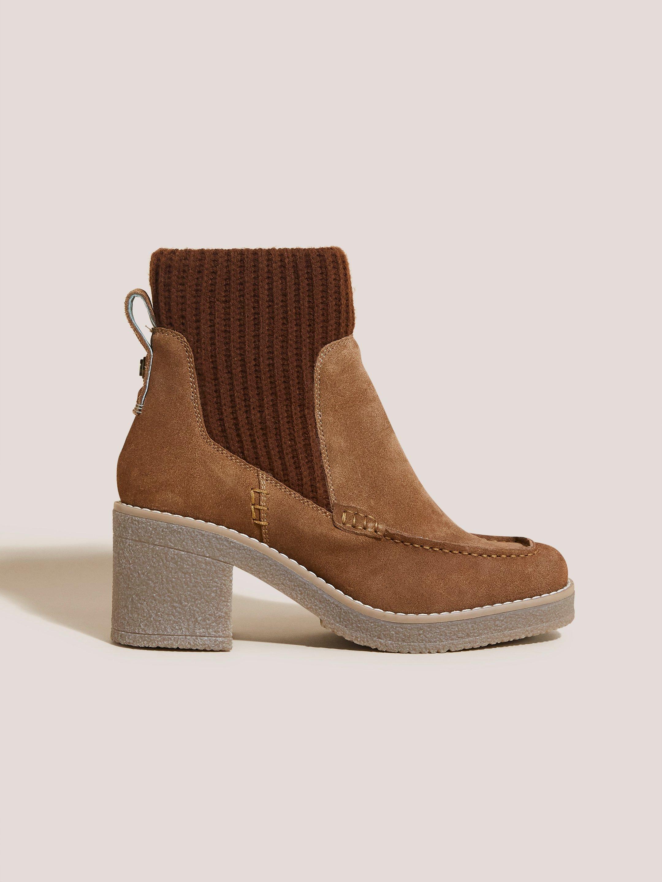 Knitted Suede Heeled Boot in TAN MULTI - MODEL FRONT