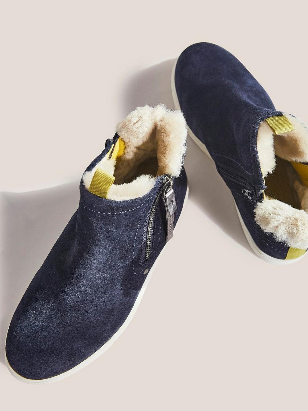 Shearling Suede Zip Bootie in DARK NAVY - FLAT DETAIL