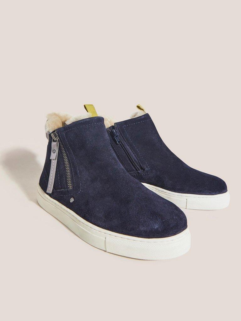 Shearling Suede Zip Bootie in DARK NAVY - FLAT FRONT