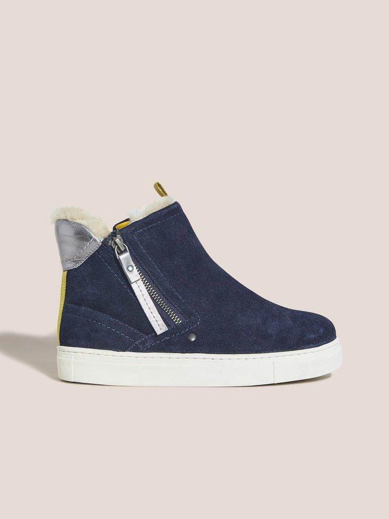 Shearling Suede Zip Bootie in DARK NAVY - MODEL FRONT