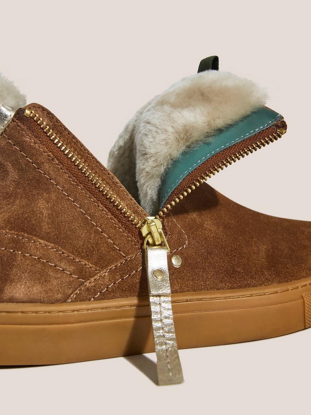 Shearling Suede Zip Bootie in TAN MULTI - FLAT BACK