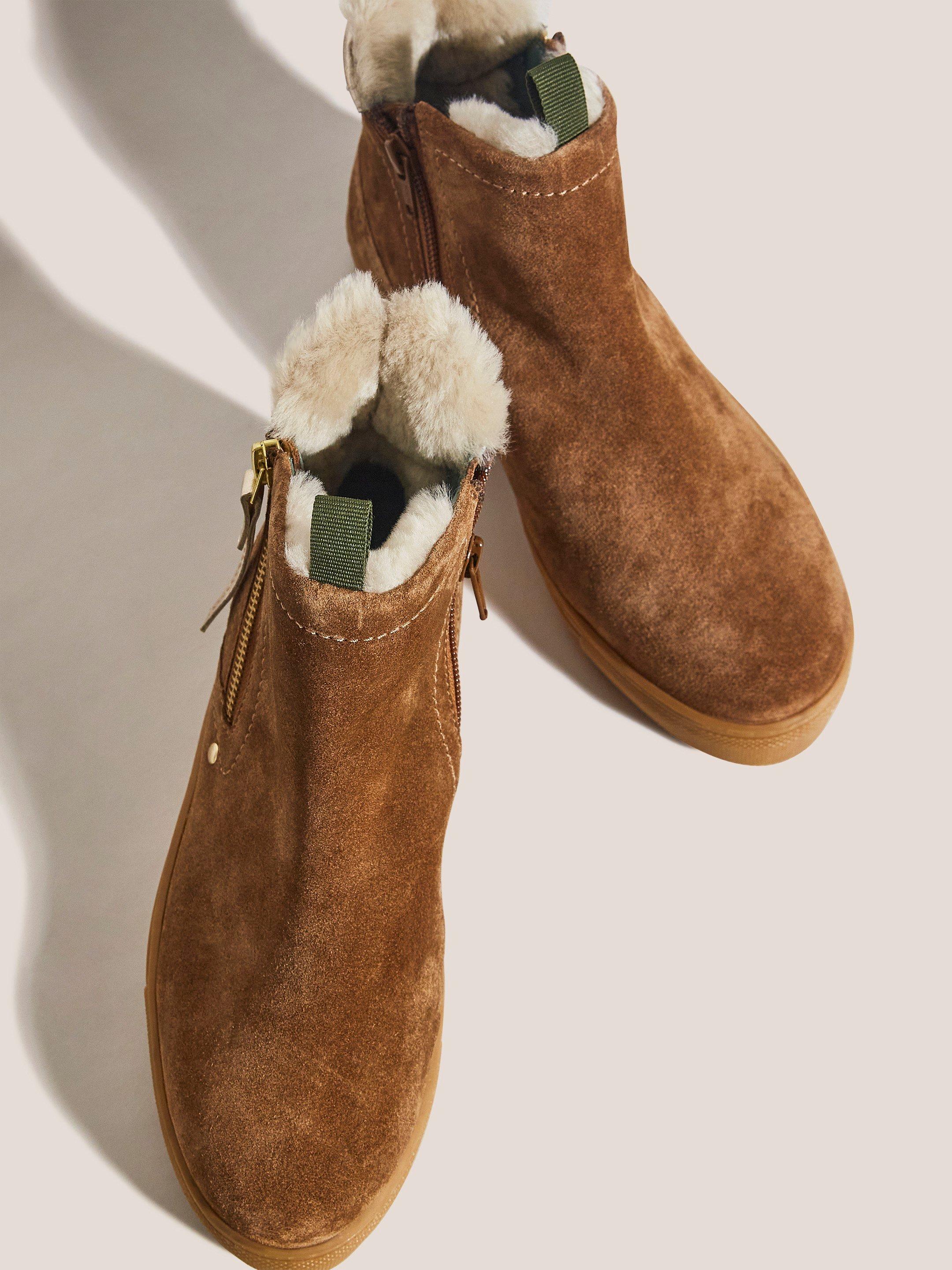 Shearling Suede Zip Bootie in TAN MULTI - FLAT DETAIL