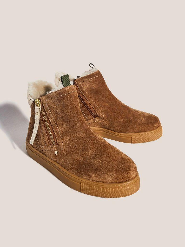 Shearling Suede Zip Bootie in TAN MULTI - FLAT FRONT