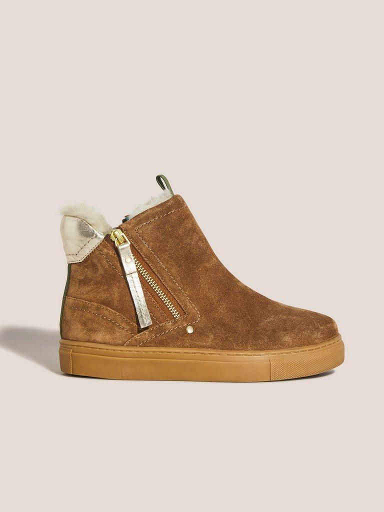 Shearling Suede Zip Bootie in TAN MULTI - MODEL FRONT