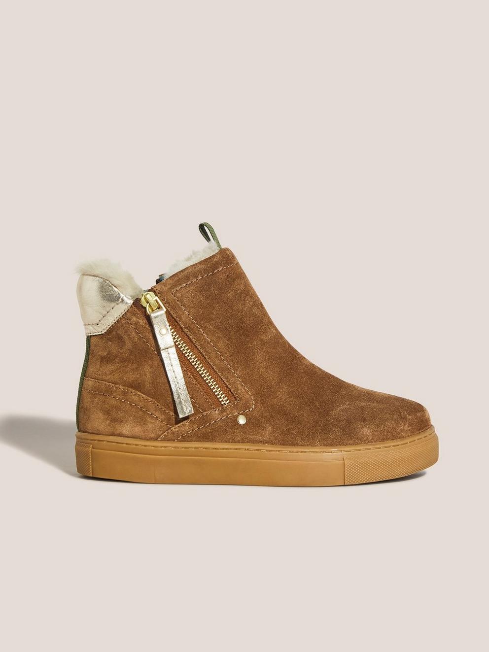 Shearling Suede Zip Bootie in TAN MULTI - MODEL FRONT