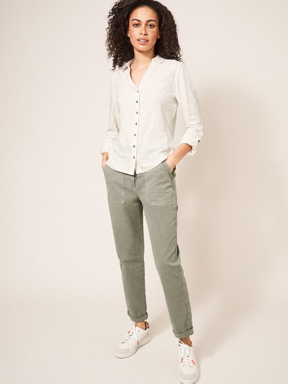 Annie Embroidered Long Sleeve Shirt in BRIL WHITE - MODEL FRONT