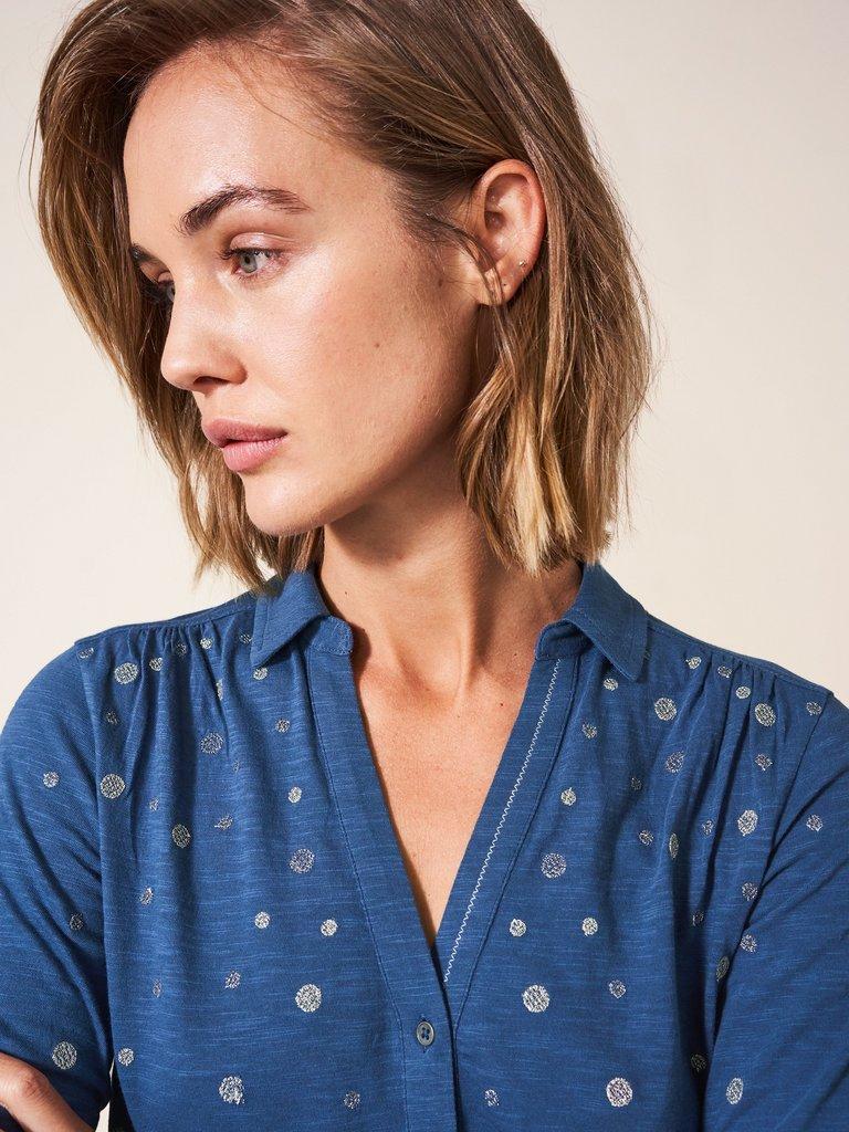 Annie Embroidered Shirt in TEAL MLT - MODEL DETAIL