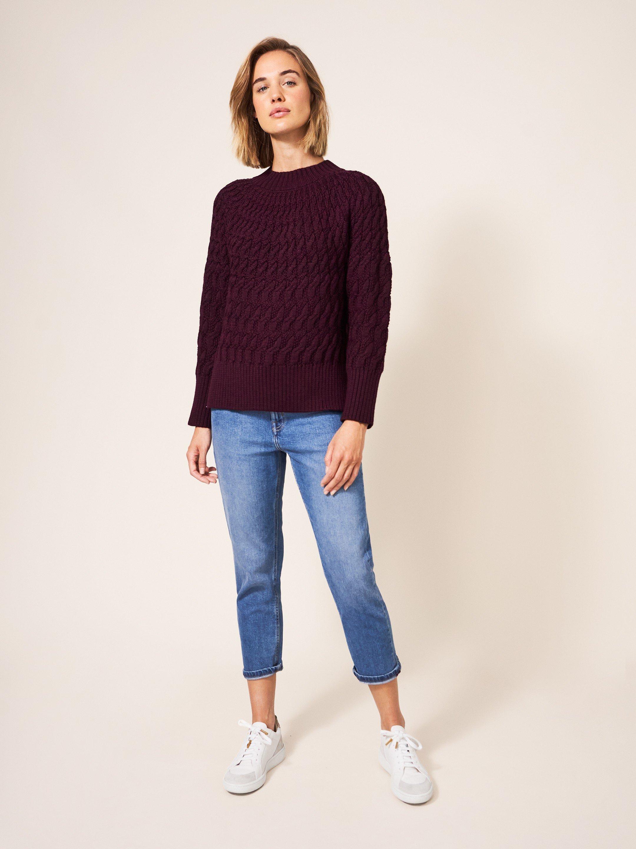 Oak Cable Jumper in DK PLUM - MODEL FRONT